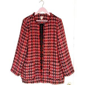 ❤️CHICO'S Tweed Fringed Open Front Pocket Mid Length Jacket Blazer Size 3/Large